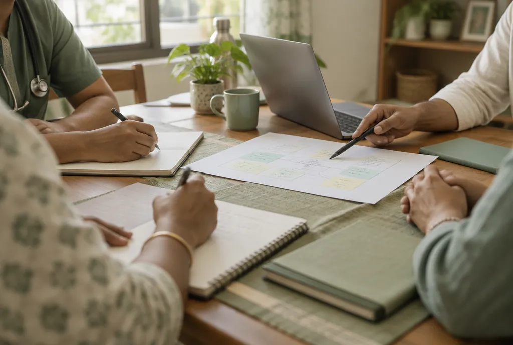 Psychiatrist and care team planning integrated psychiatric treatment together at a table
