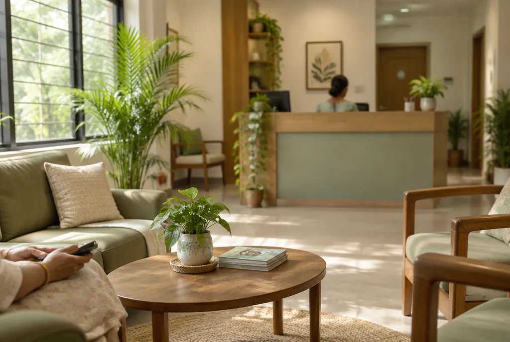 Calm reception and waiting area with sofas and plants at a psychiatric care clinic